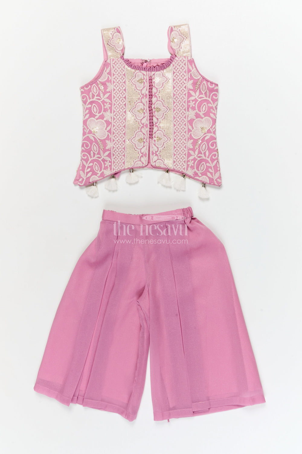 The Nesavu Girls Sharara / Plazo Set Girls Plazo Set with Embroidered Blouse and Tassel Dupatta for Wedding Celebrations Nesavu 16 (1Y) / Pink / Georgette GPS935A-16 Nesavu girls plazo set with thread embroidered blouse and tassel dupatta for weddings and festive occasions