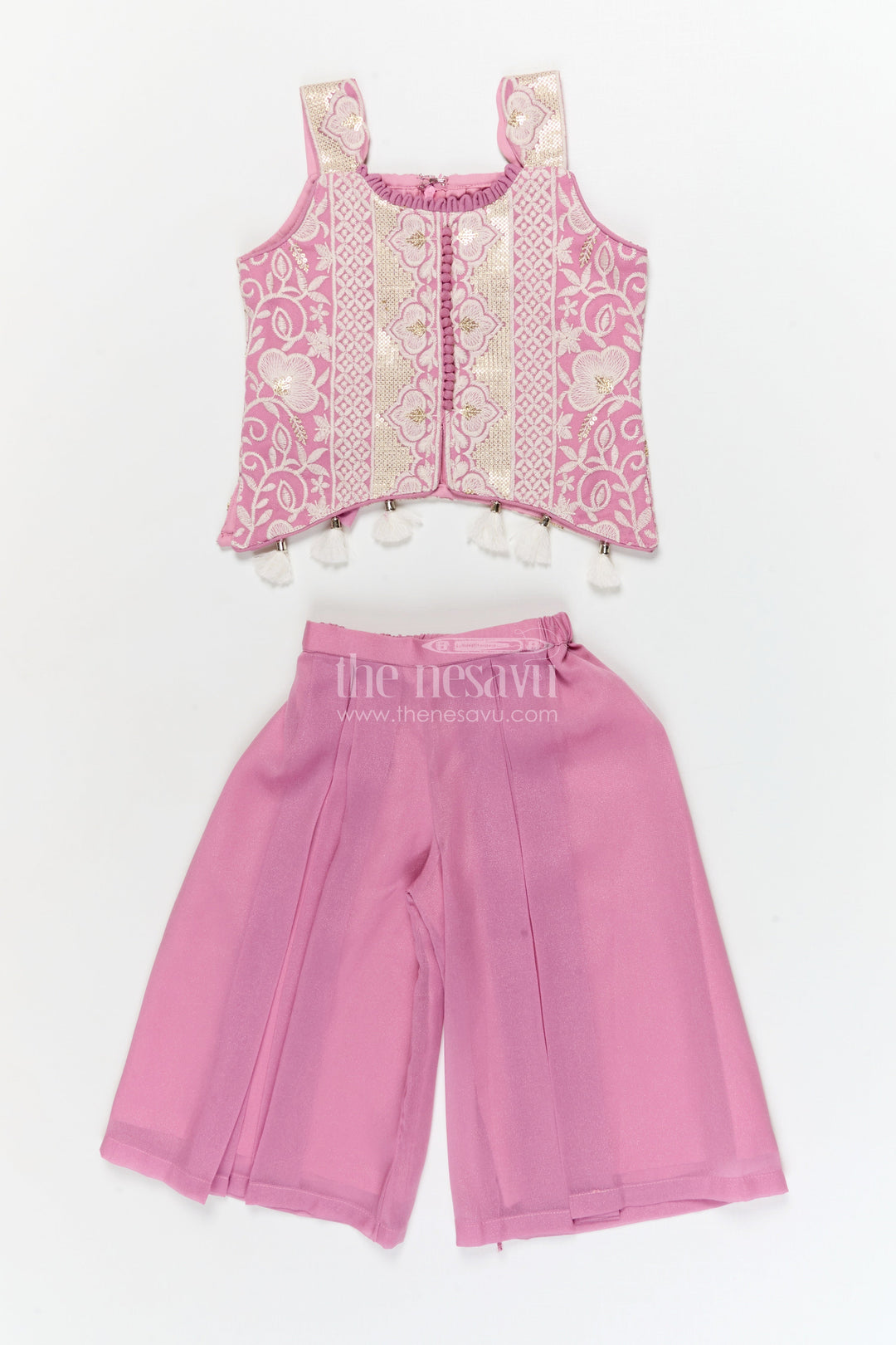 The Nesavu Girls Sharara / Plazo Set Girls Plazo Set with Embroidered Blouse and Tassel Dupatta for Wedding Celebrations Nesavu 16 (1Y) / Pink / Georgette GPS935A-16 Nesavu girls plazo set with thread embroidered blouse and tassel dupatta for weddings and festive occasions