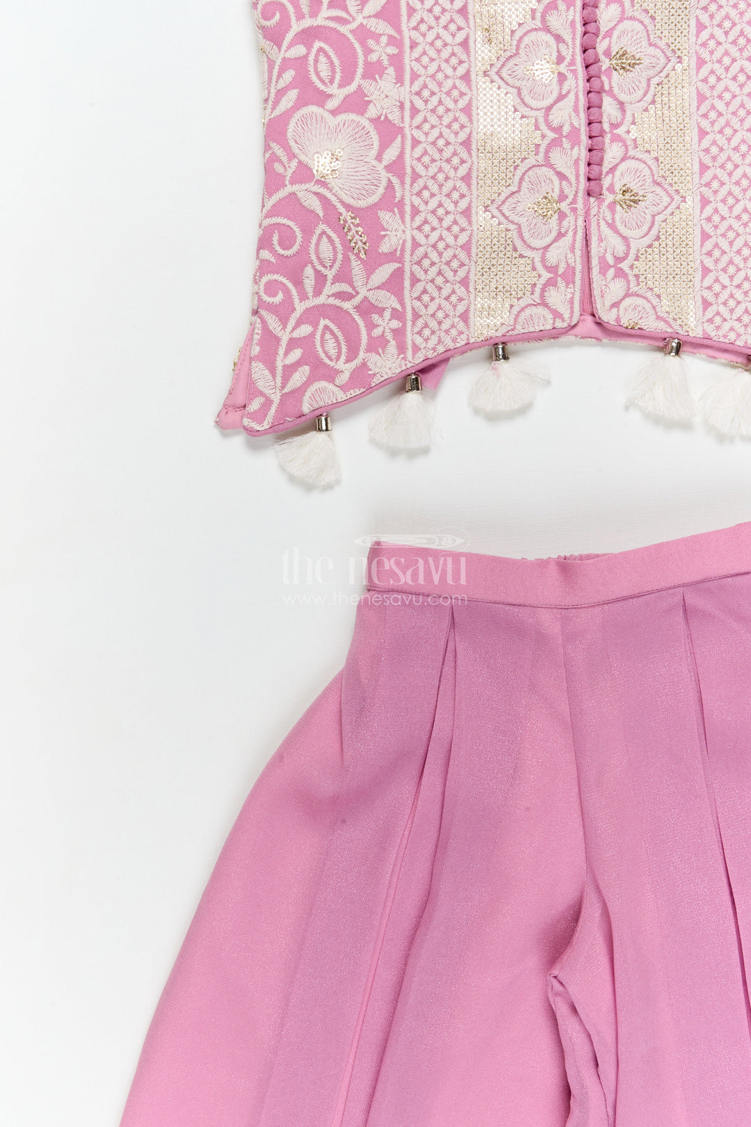 The Nesavu Girls Sharara / Plazo Set Girls Plazo Set with Embroidered Blouse and Tassel Dupatta for Wedding Celebrations Nesavu Nesavu girls plazo set with thread embroidered blouse and tassel dupatta for weddings and festive occasions