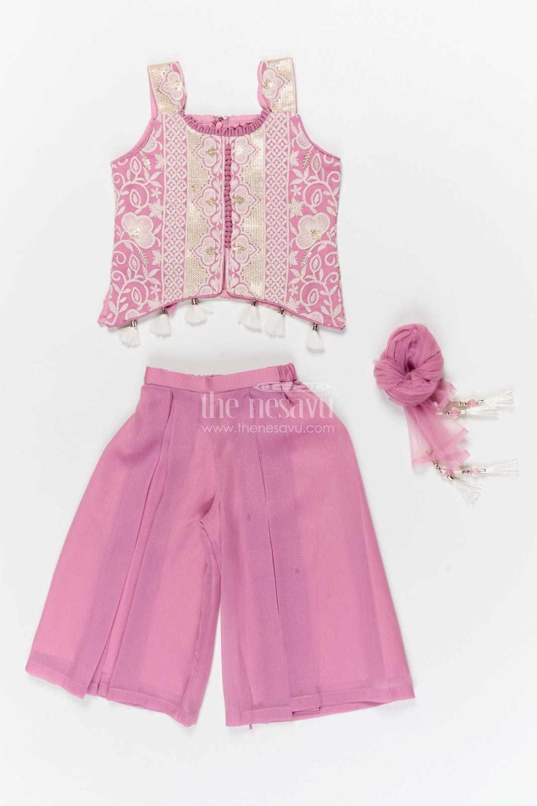 The Nesavu Girls Sharara / Plazo Set Girls Plazo Set with Embroidered Blouse and Tassel Dupatta for Wedding Celebrations Nesavu Nesavu girls plazo set with thread embroidered blouse and tassel dupatta for weddings and festive occasions