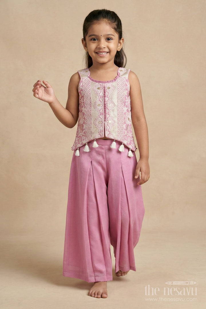 The Nesavu Girls Sharara / Plazo Set Girls Plazo Set with Embroidered Blouse and Tassel Dupatta for Wedding Celebrations Nesavu Nesavu girls plazo set with thread embroidered blouse and tassel dupatta for weddings and festive occasions