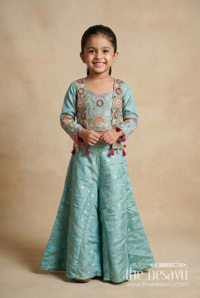 The Nesavu Girls Sharara / Plazo Set Girls Plazo Set with Embroidered Jacket for Festive Occasions Nesavu 24 (5Y) / Green GPS901A-24 Nesavu girls plazo set embroidered jacket tissue silk weddings festivals