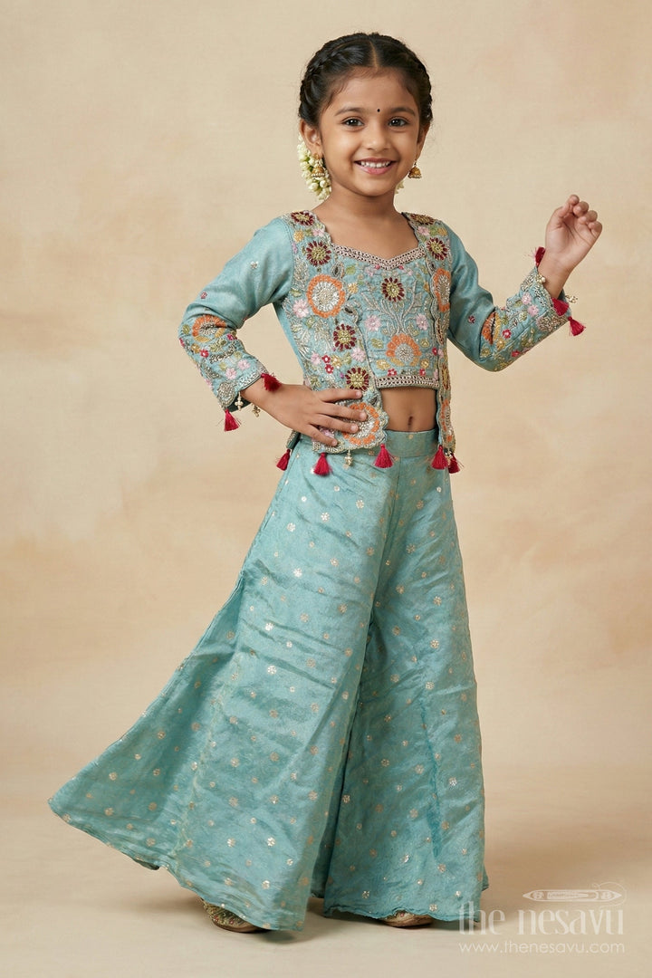 The Nesavu Girls Sharara / Plazo Set Girls Plazo Set with Embroidered Jacket for Festive Occasions Nesavu Nesavu girls plazo set embroidered jacket tissue silk weddings festivals