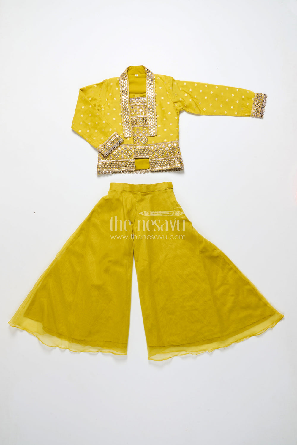 The Nesavu Girls Sharara / Plazo Set Girls Plazo Set with Jacket for School Ethnic Day and Festive Wear Nesavu 24 (5Y) / Yellow GPS849A-24 Nesavu girls plazo set embroidered jacket top viscose silk  great ethnic day casual celebrations