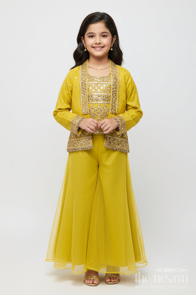 The Nesavu Girls Sharara / Plazo Set Girls Plazo Set with Jacket for School Ethnic Day and Festive Wear Nesavu 24 (5Y) / Yellow GPS849A-24 Nesavu girls plazo set embroidered jacket top viscose silk  great ethnic day casual celebrations