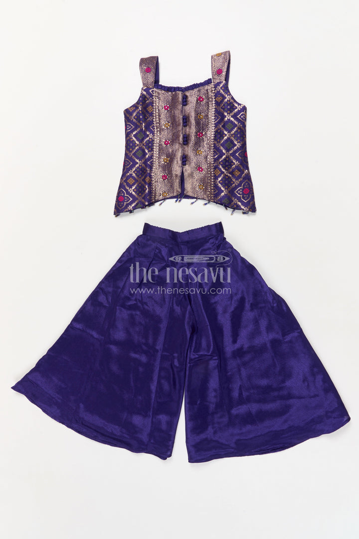 The Nesavu Girls Sharara / Plazo Set Girls Plazo Set with Mirror Work Blouse for Weddings and Festive Occasions Nesavu 18 (2Y) / Purple / Georgette GPS928A-18 Nesavu girls plazo set with embroidered mirror blouse and dupatta for weddings and festive events