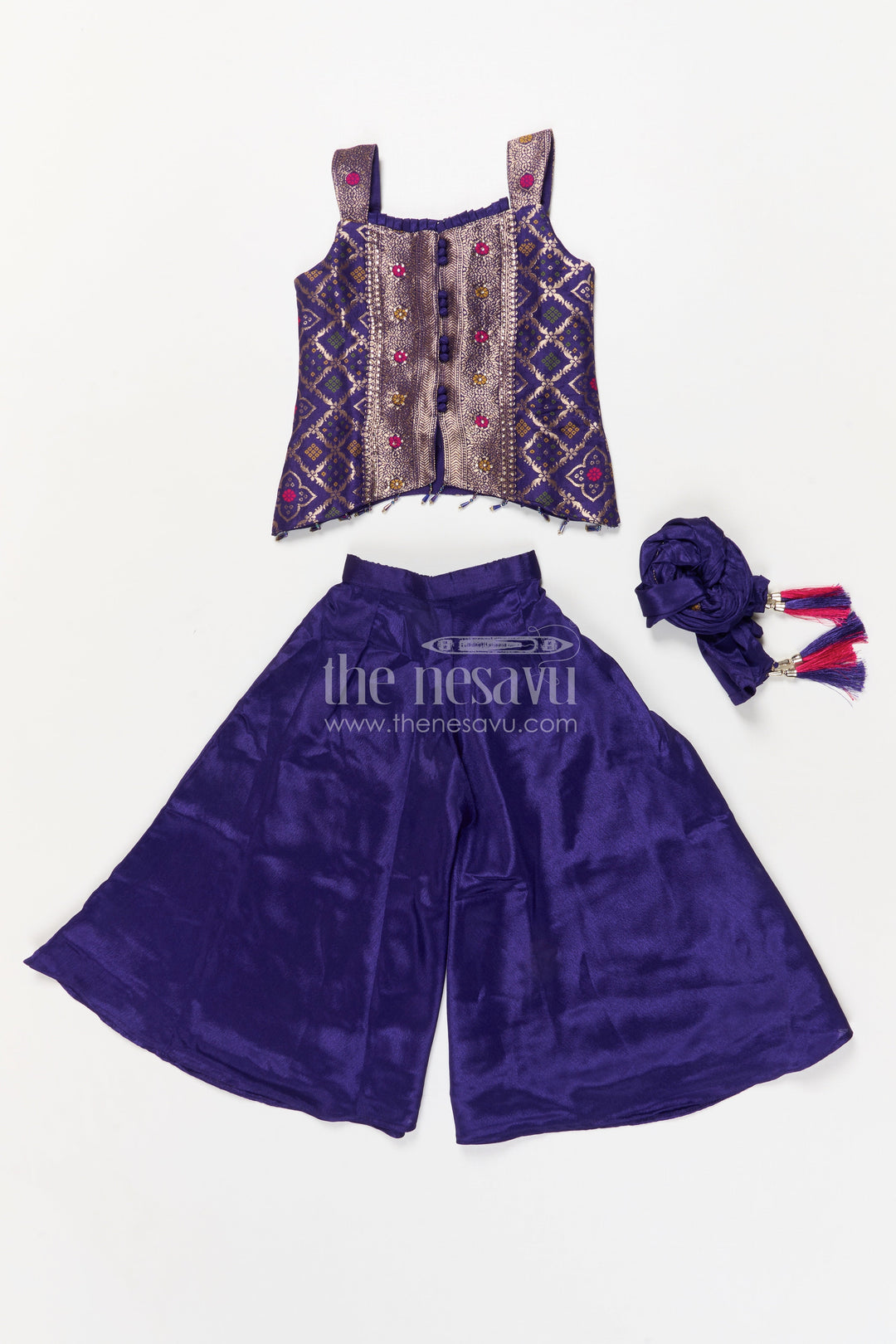 The Nesavu Girls Sharara / Plazo Set Girls Plazo Set with Mirror Work Blouse for Weddings and Festive Occasions Nesavu Nesavu girls plazo set with embroidered mirror blouse and dupatta for weddings and festive events