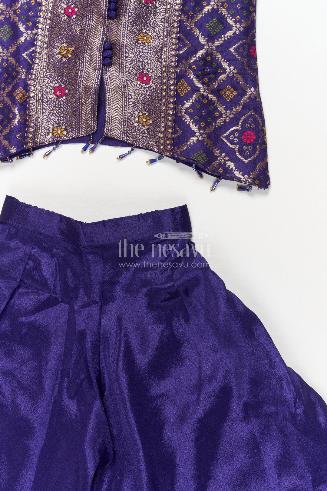 The Nesavu Girls Sharara / Plazo Set Girls Plazo Set with Mirror Work Blouse for Weddings and Festive Occasions Nesavu Nesavu girls plazo set with embroidered mirror blouse and dupatta for weddings and festive events