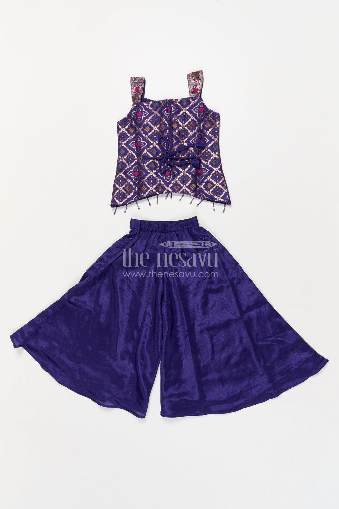 The Nesavu Girls Sharara / Plazo Set Girls Plazo Set with Mirror Work Blouse for Weddings and Festive Occasions Nesavu Nesavu girls plazo set with embroidered mirror blouse and dupatta for weddings and festive events