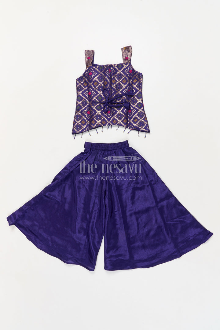 The Nesavu Girls Sharara / Plazo Set Girls Plazo Set with Mirror Work Blouse for Weddings and Festive Occasions Nesavu Nesavu girls plazo set with embroidered mirror blouse and dupatta for weddings and festive events