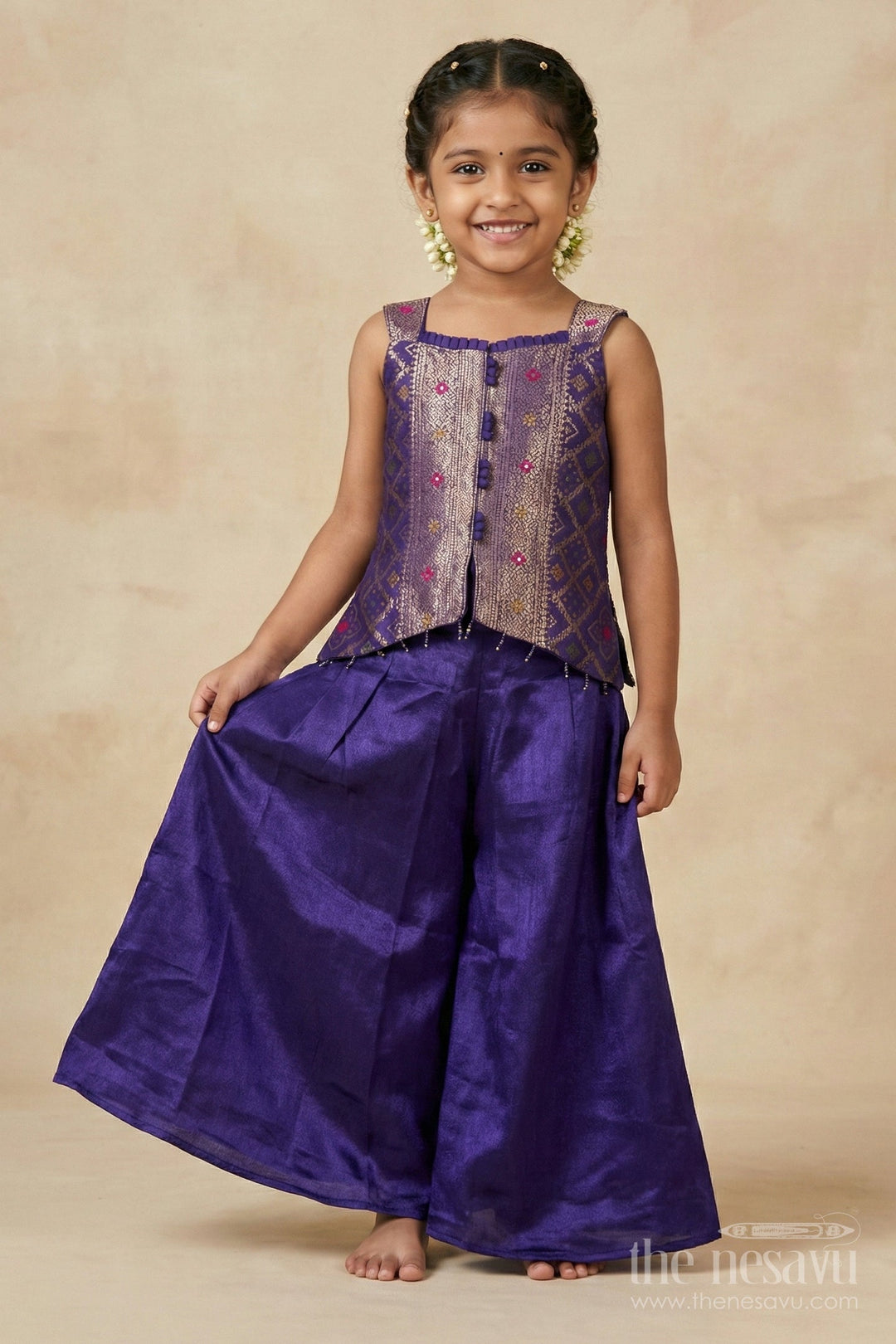 The Nesavu Girls Sharara / Plazo Set Girls Plazo Set with Mirror Work Blouse for Weddings and Festive Occasions Nesavu Nesavu girls plazo set with embroidered mirror blouse and dupatta for weddings and festive events