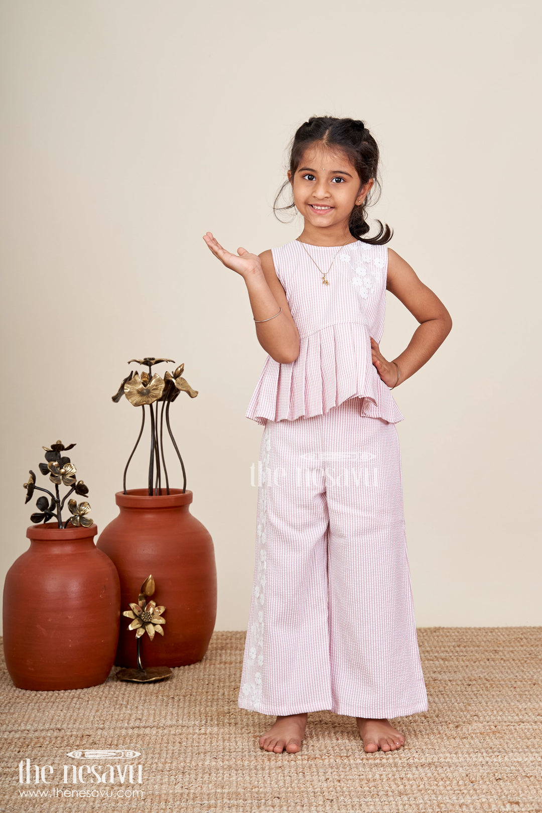 The Nesavu Girls Sharara / Plazo Set Girls plazo set with peplum top and floral applique Nesavu 22 (4Y) / Peach GPS812A-22 Nesavu girls striped plazo set peplum top floral detailing