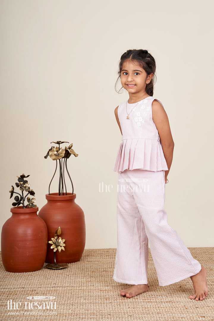 The Nesavu Girls Sharara / Plazo Set Girls plazo set with peplum top and floral applique Nesavu Nesavu girls striped plazo set peplum top floral detailing
