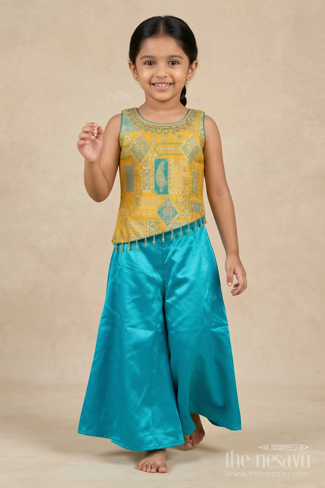 The Nesavu Girls Sharara / Plazo Set Girls Plazo Set with Zari Yoke for Festive and Ethnic School Days Nesavu 18 (2Y) / Yellow / Georgette GPS957A-18 Nesavu plazo set for girls with zari embroidered yoke and dupatta – ideal for festivals and ethnic school programs