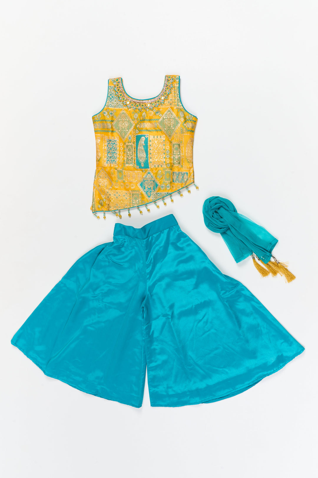 The Nesavu Girls Sharara / Plazo Set Girls Plazo Set with Zari Yoke for Festive and Ethnic School Days Nesavu Nesavu plazo set for girls with zari embroidered yoke and dupatta – ideal for festivals and ethnic school programs