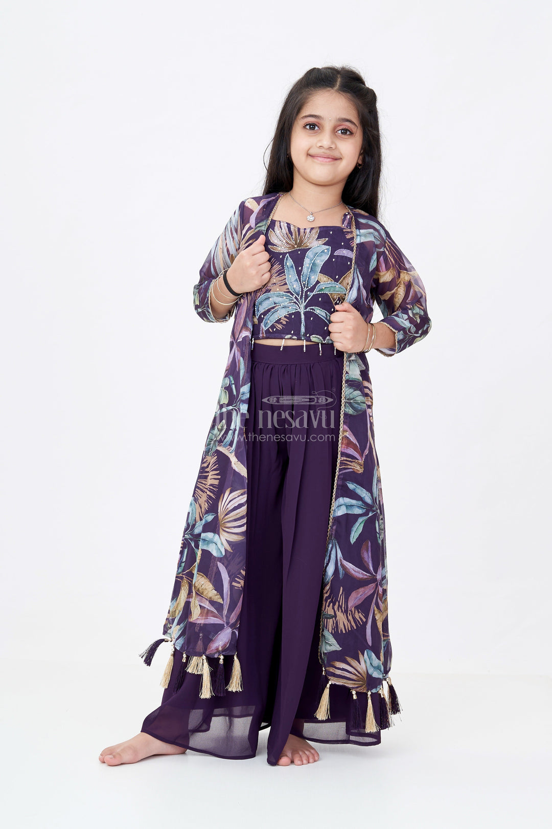 The Nesavu Girls Sharara / Plazo Set Girls Plazo with Top Dress in Floral Digital Print with Stylish Embroidered Jacket Nesavu 24 (5Y) / Purple GPS525A-24 Nesavu Girls Plazo Top Dress Digital Print Embroidered Jacket Festive Wear
