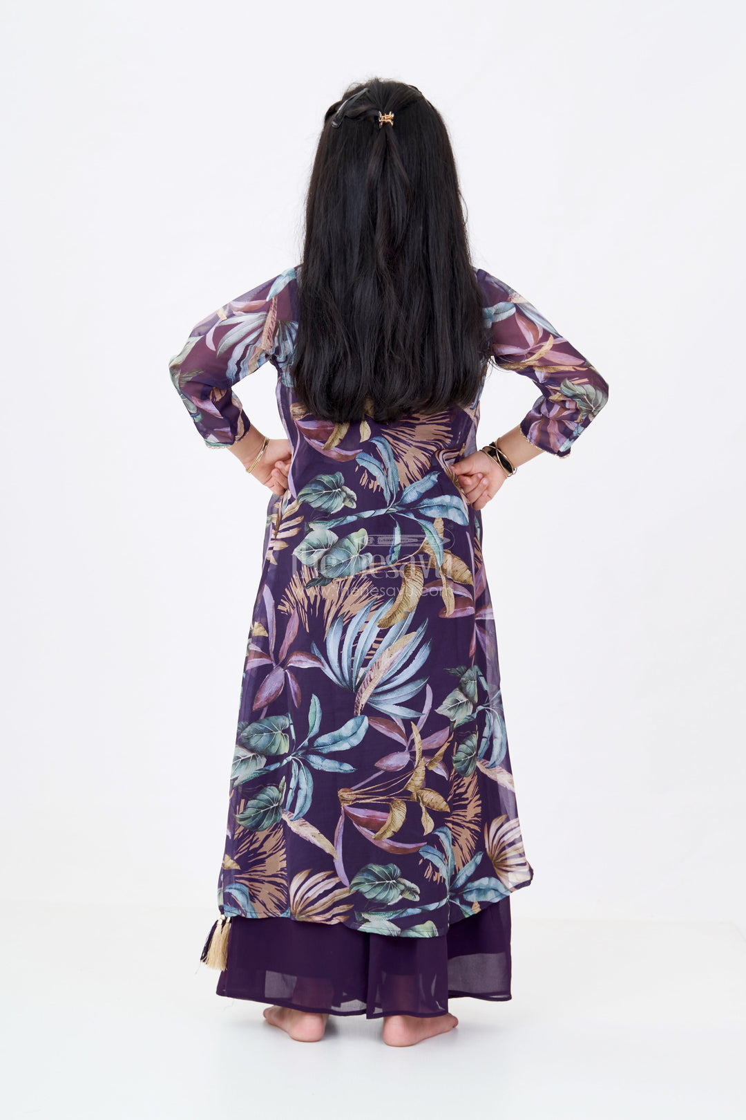 The Nesavu Girls Sharara / Plazo Set Girls Plazo with Top Dress in Floral Digital Print with Stylish Embroidered Jacket Nesavu Nesavu Girls Plazo Top Dress Digital Print Embroidered Jacket Festive Wear