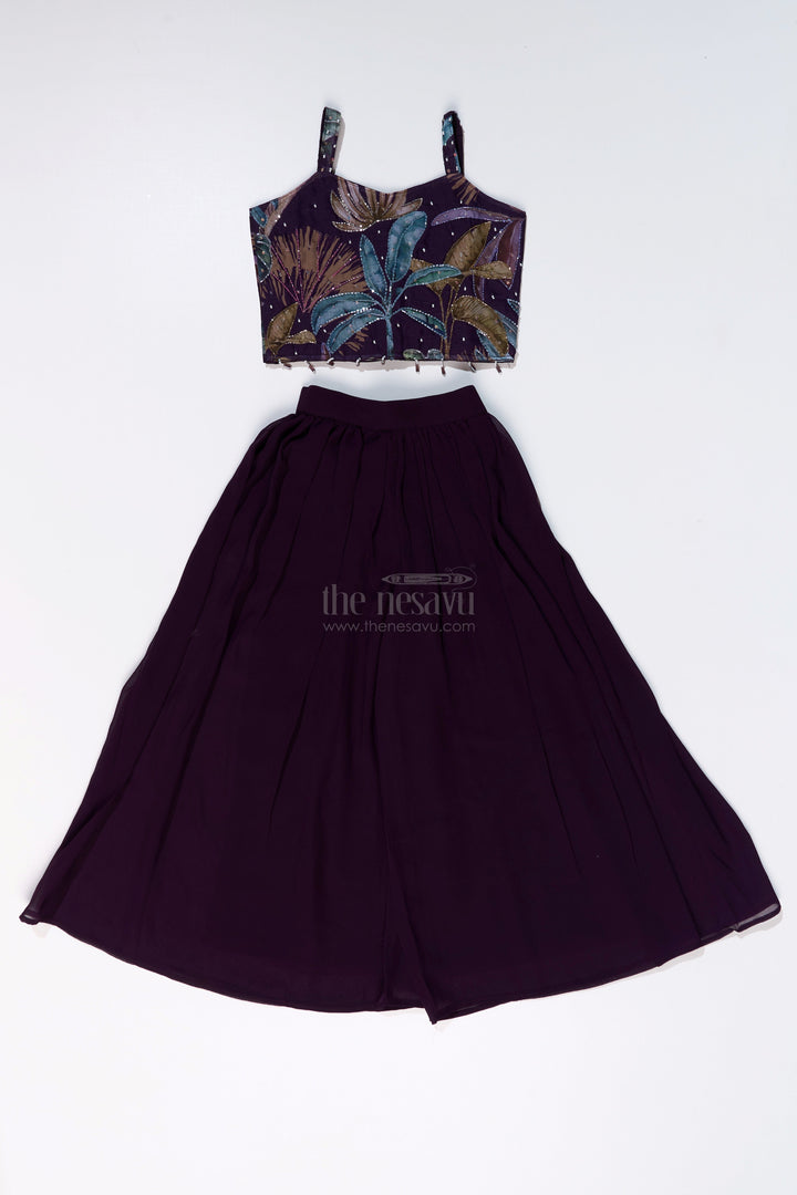 The Nesavu Girls Sharara / Plazo Set Girls Plazo with Top Dress in Floral Digital Print with Stylish Embroidered Jacket Nesavu Nesavu Girls Plazo Top Dress Digital Print Embroidered Jacket Festive Wear