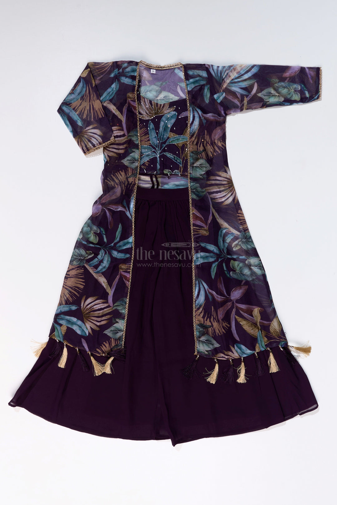 The Nesavu Girls Sharara / Plazo Set Girls Plazo with Top Dress in Floral Digital Print with Stylish Embroidered Jacket Nesavu Nesavu Girls Plazo Top Dress Digital Print Embroidered Jacket Festive Wear