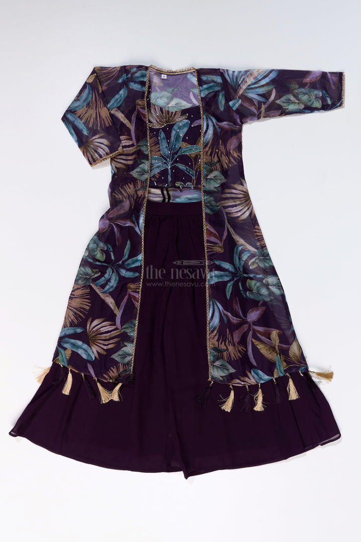 The Nesavu Girls Sharara / Plazo Set Girls Plazo with Top Dress in Floral Digital Print with Stylish Embroidered Jacket Nesavu Nesavu Girls Plazo Top Dress Digital Print Embroidered Jacket Festive Wear