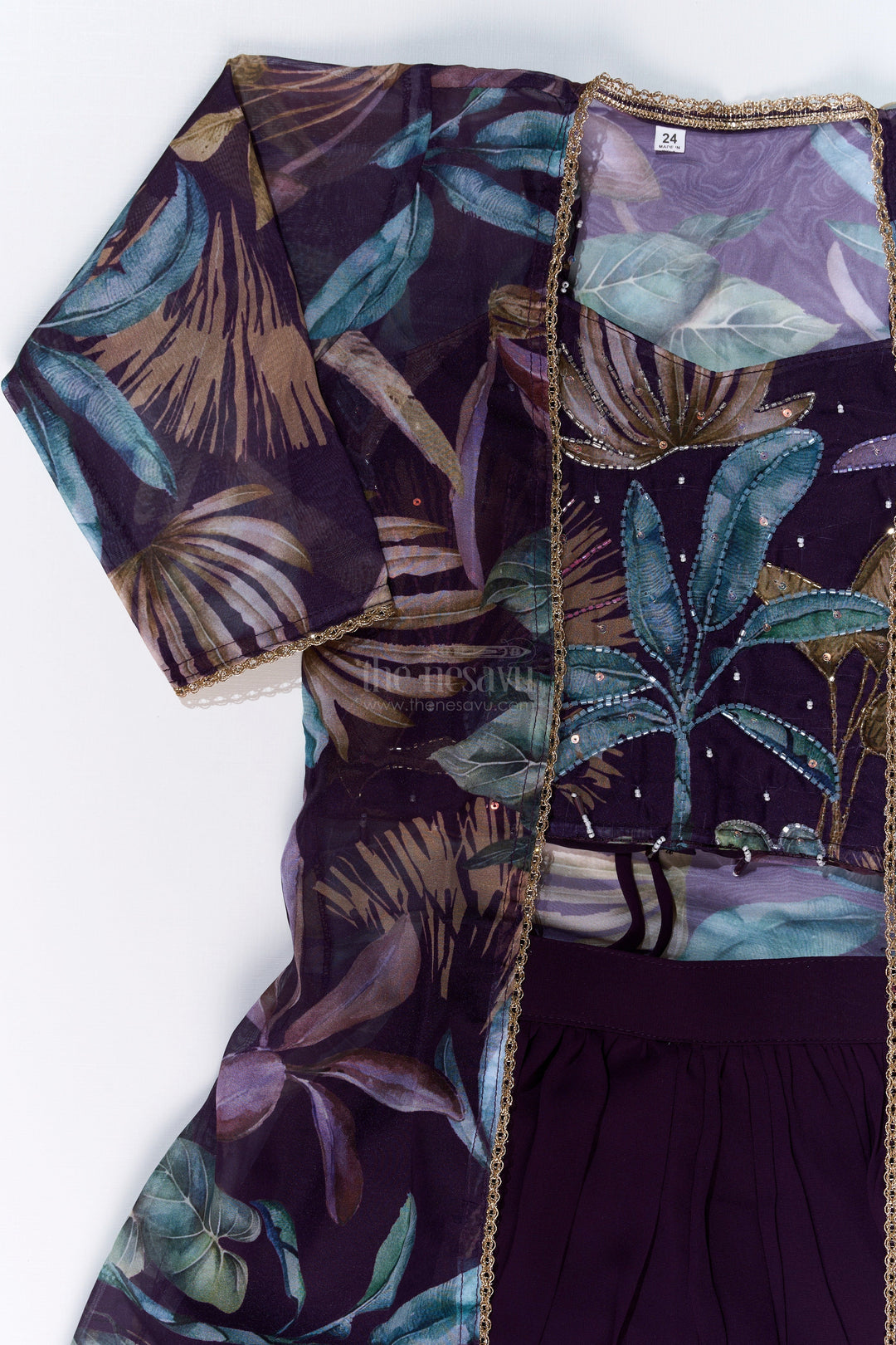 The Nesavu Girls Sharara / Plazo Set Girls Plazo with Top Dress in Floral Digital Print with Stylish Embroidered Jacket Nesavu Nesavu Girls Plazo Top Dress Digital Print Embroidered Jacket Festive Wear