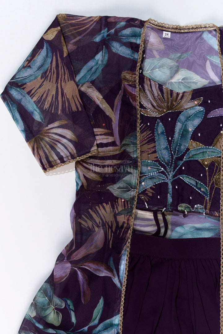 The Nesavu Girls Sharara / Plazo Set Girls Plazo with Top Dress in Floral Digital Print with Stylish Embroidered Jacket Nesavu Nesavu Girls Plazo Top Dress Digital Print Embroidered Jacket Festive Wear