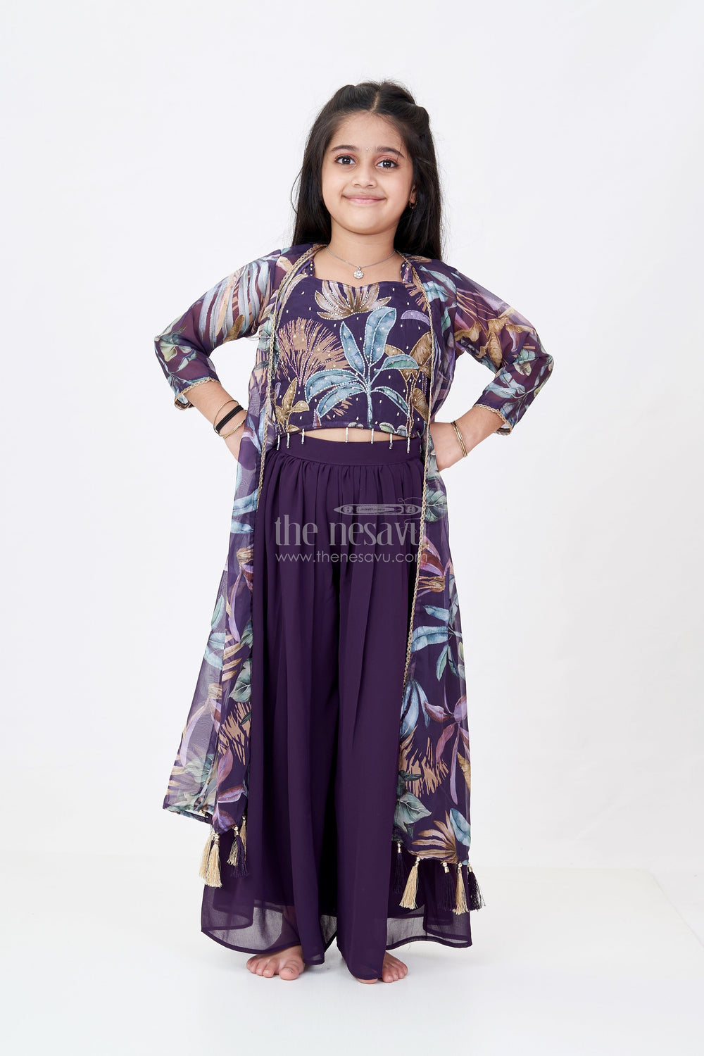 The Nesavu Girls Sharara / Plazo Set Girls Plazo with Top Dress in Floral Digital Print with Stylish Embroidered Jacket Nesavu Nesavu Girls Plazo Top Dress Digital Print Embroidered Jacket Festive Wear
