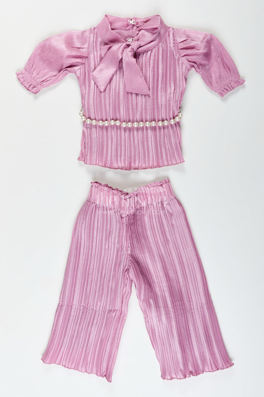The Nesavu Girls Casual Set Girls pleated georgette co-ord set with puff sleeve top and pants festive-ready casual wear Nesavu 18 (2Y) / Purple GPS857A-18 Girls purple pleated georgette top pant set  Nesavu festive casual outfit