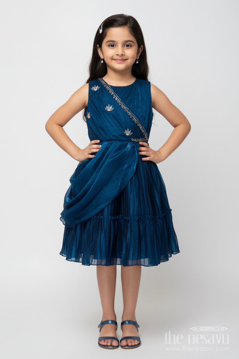 The Nesavu Girls Fancy Party Frock Girls Pleated Glaze Organza Party Frock with Floral Shoulder Bow Premium Festive Wear Nesavu 16 (1Y) / Blue SF1081A-16 Nesavu pleated glaze organza party frock shoulder bow girls occasion wear