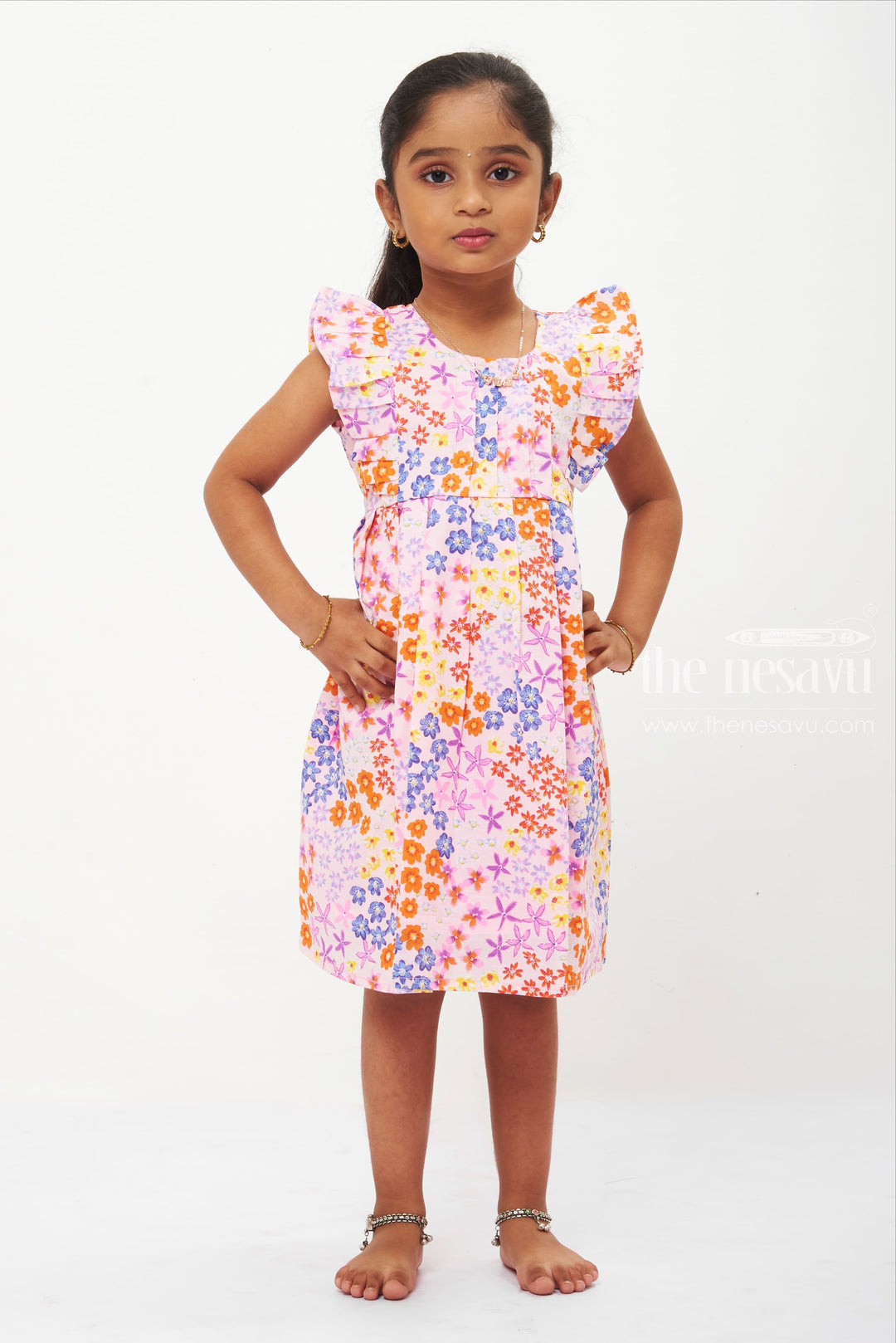 The Nesavu Girls Cotton Frock Girls' Pleated Pastel Cotton Frock with Frilled Yoke - Playful Summer Dress Nesavu 14 (6M) / Pink / Cotton GFC1223A-14 Pastel Floral Frill Yoke Dress | Girls Cotton Pleated Summer Frock | The Nesavu