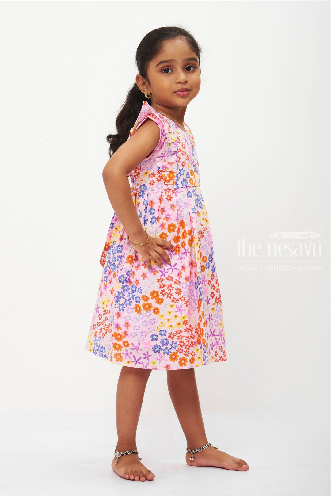 The Nesavu Girls Cotton Frock Girls' Pleated Pastel Cotton Frock with Frilled Yoke - Playful Summer Dress Nesavu Pastel Floral Frill Yoke Dress | Girls Cotton Pleated Summer Frock | The Nesavu