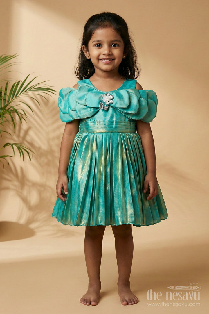 The Nesavu Girls Fancy Party Frock Girls Pleated Satin Organza Frock with Statement Bow Special Occasion Outfit Nesavu Nesavu girls satin organza party frock pleats bow festive wear