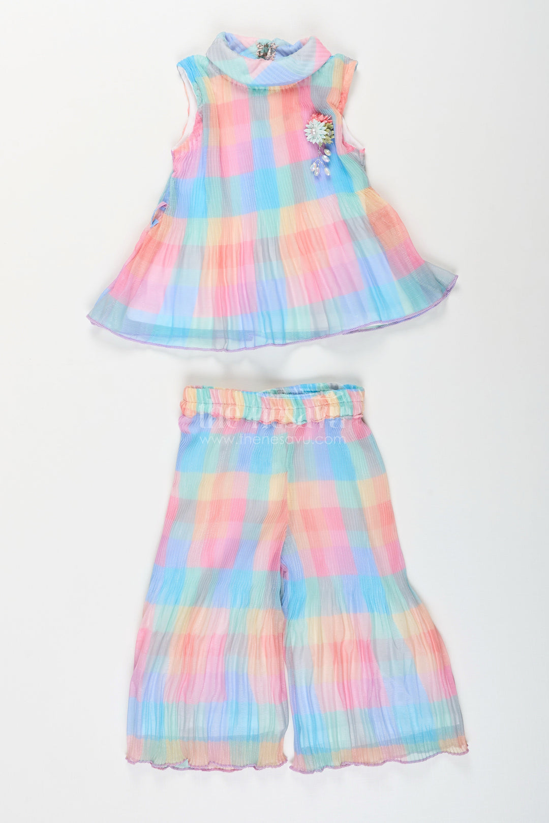 The Nesavu Girls Casual Set Girls pleated top and pant set for casual summer styling Nesavu Nesavu girls pleated georgette top pant set  colorful casual outfit summer outings