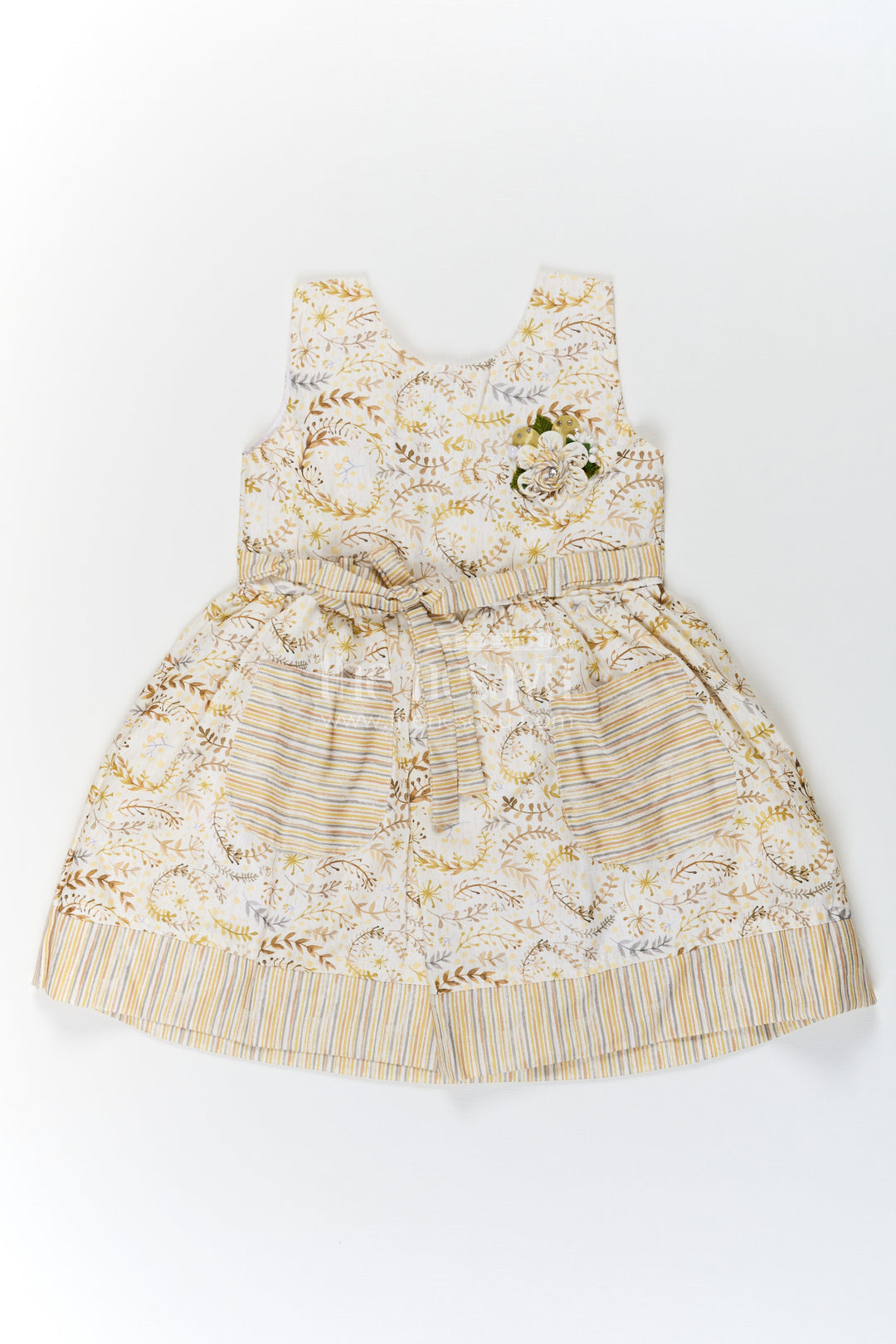 The Nesavu Girls Cotton Frock Girls Pocket Frocks in Flax Cotton with Yellow Floral Print and Bow Belt with Striped Details Nesavu 22 (4Y) / Green GFC1678A-22 Nesavu Girls Pocket Frocks Yellow Floral Flax Cotton Bow Belt Striped Hem