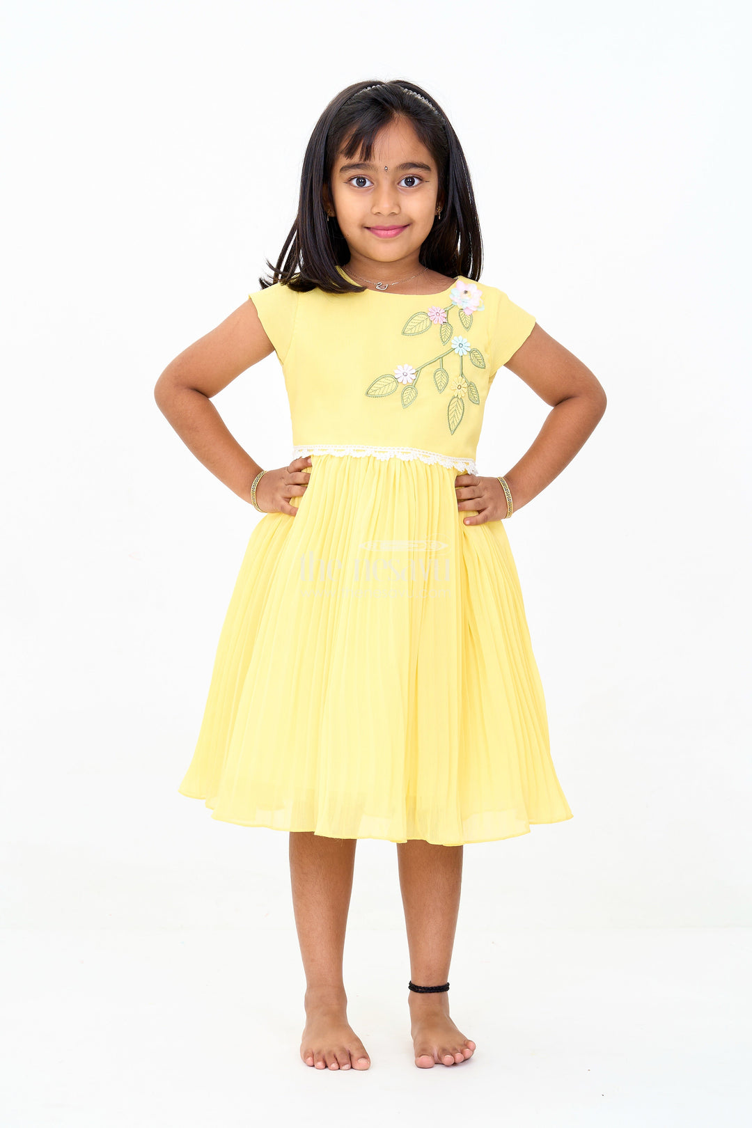 The Nesavu Girls Fancy Party Frock Girls Poly Georgette Frock in Sunshine Yellow with Floral Embellishments and Pleats Nesavu 16 (1Y) / Yellow GFC1591D-16 Nesavu Girls Poly Georgette Frock Sunshine Yellow Floral Appliqu Weddings