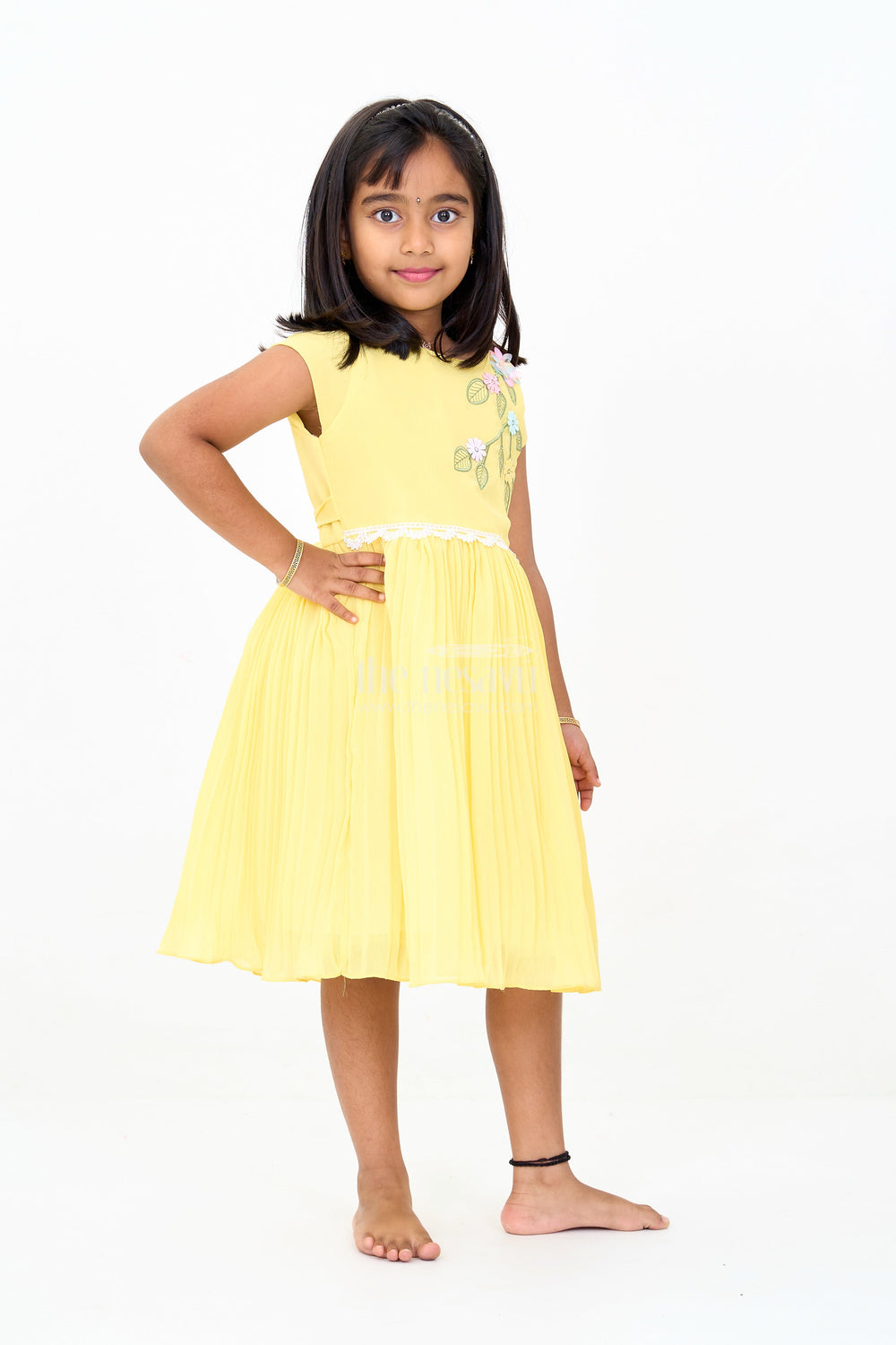 The Nesavu Girls Fancy Party Frock Girls Poly Georgette Frock in Sunshine Yellow with Floral Embellishments and Pleats Nesavu Nesavu Girls Poly Georgette Frock Sunshine Yellow Floral Appliqu Weddings