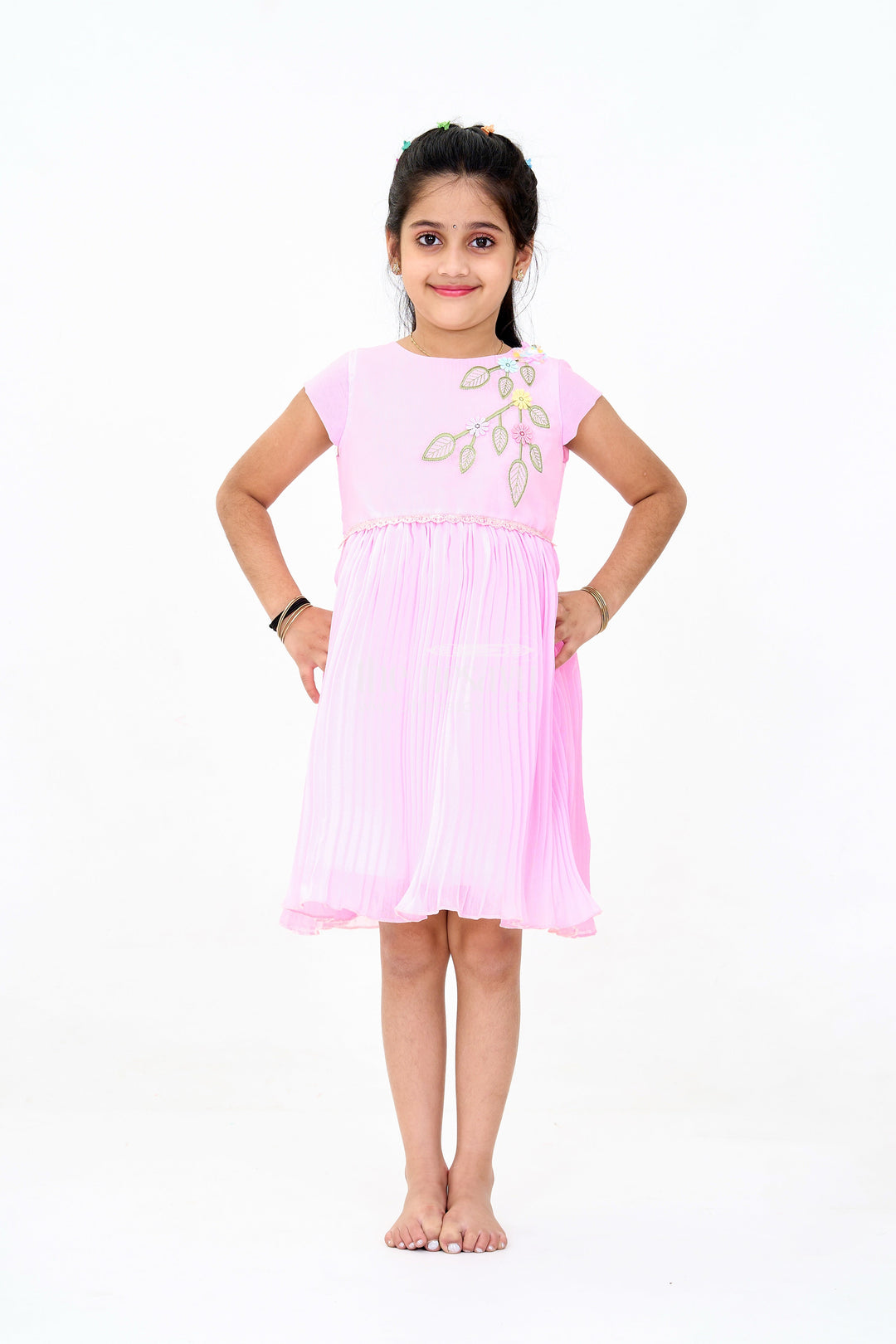 The Nesavu Girls Fancy Party Frock Girls Poly Georgette Party Frock in Baby Pink with Floral Embellishments and Lace Waist Nesavu 16 (1Y) / Pink GFC1591C-16 Nesavu Girls Poly Georgette Long Party Frock Baby Pink Floral Embellishments