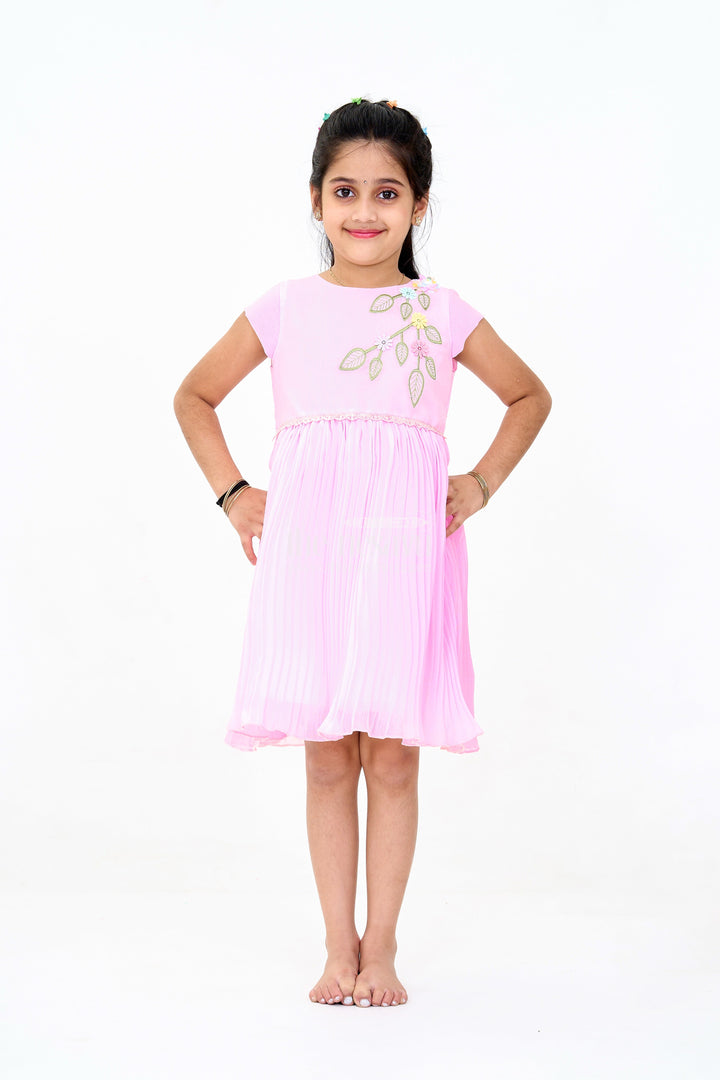 The Nesavu Girls Fancy Party Frock Girls Poly Georgette Party Frock in Baby Pink with Floral Embellishments and Lace Waist Nesavu 16 (1Y) / Pink GFC1591C-16 Nesavu Girls Poly Georgette Long Party Frock Baby Pink Floral Embellishments