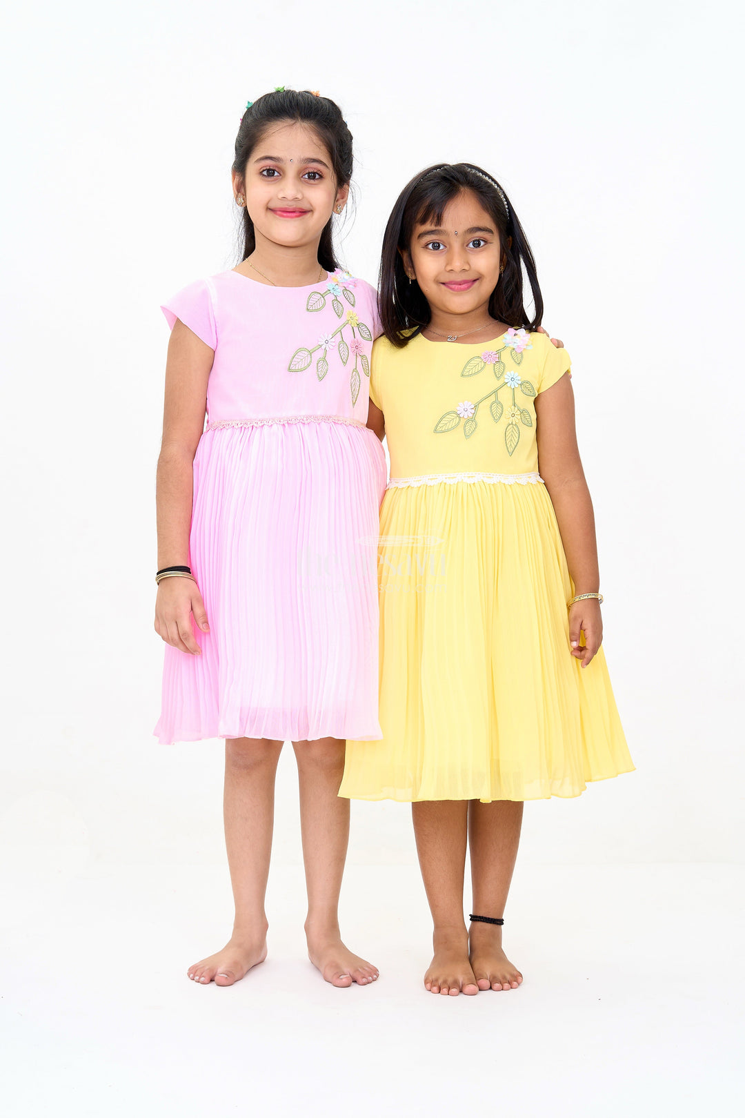 The Nesavu Girls Fancy Party Frock Girls Poly Georgette Party Frock in Baby Pink with Floral Embellishments and Lace Waist Nesavu Nesavu Girls Poly Georgette Long Party Frock Baby Pink Floral Embellishments
