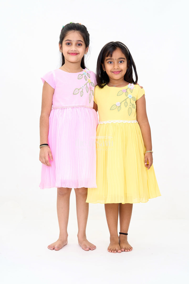 The Nesavu Girls Fancy Party Frock Girls Poly Georgette Party Frock in Baby Pink with Floral Embellishments and Lace Waist Nesavu Nesavu Girls Poly Georgette Long Party Frock Baby Pink Floral Embellishments