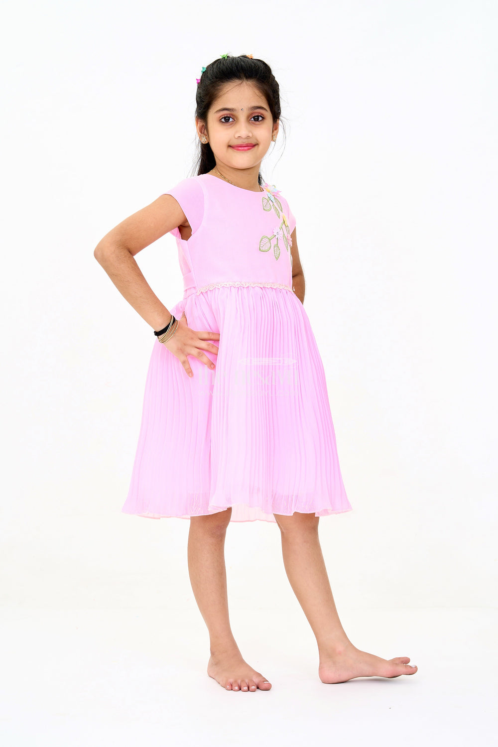 The Nesavu Girls Fancy Party Frock Girls Poly Georgette Party Frock in Baby Pink with Floral Embellishments and Lace Waist Nesavu Nesavu Girls Poly Georgette Long Party Frock Baby Pink Floral Embellishments