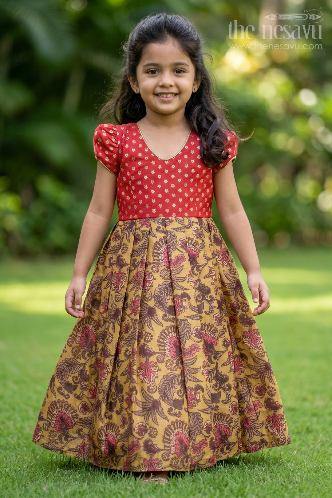 The Nesavu Girls Casual Gown Girls Printed Casual Gown for Festive Outings and Summer Parties Nesavu 14 (6M) / Green / Chanderi GA396A-14 Nesavu Girls Printed Casual Gown For Festive Outings And Summer Celebrations With Floral Design