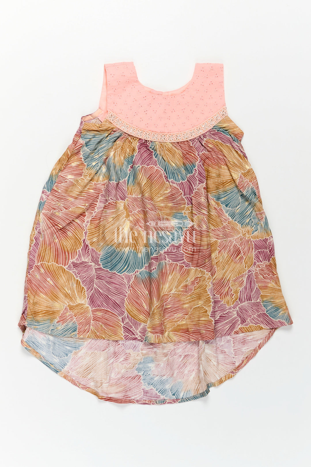The Nesavu Girls Chanderi Frock Girls Printed Chanderi Frock with Multicolour Leaves and Embroidered Yoke in Design Frock Design Style Nesavu Girls Printed Chanderi Frock High Low Hem Pink Yoke Unique Design Frock Design Style | The Nesavu