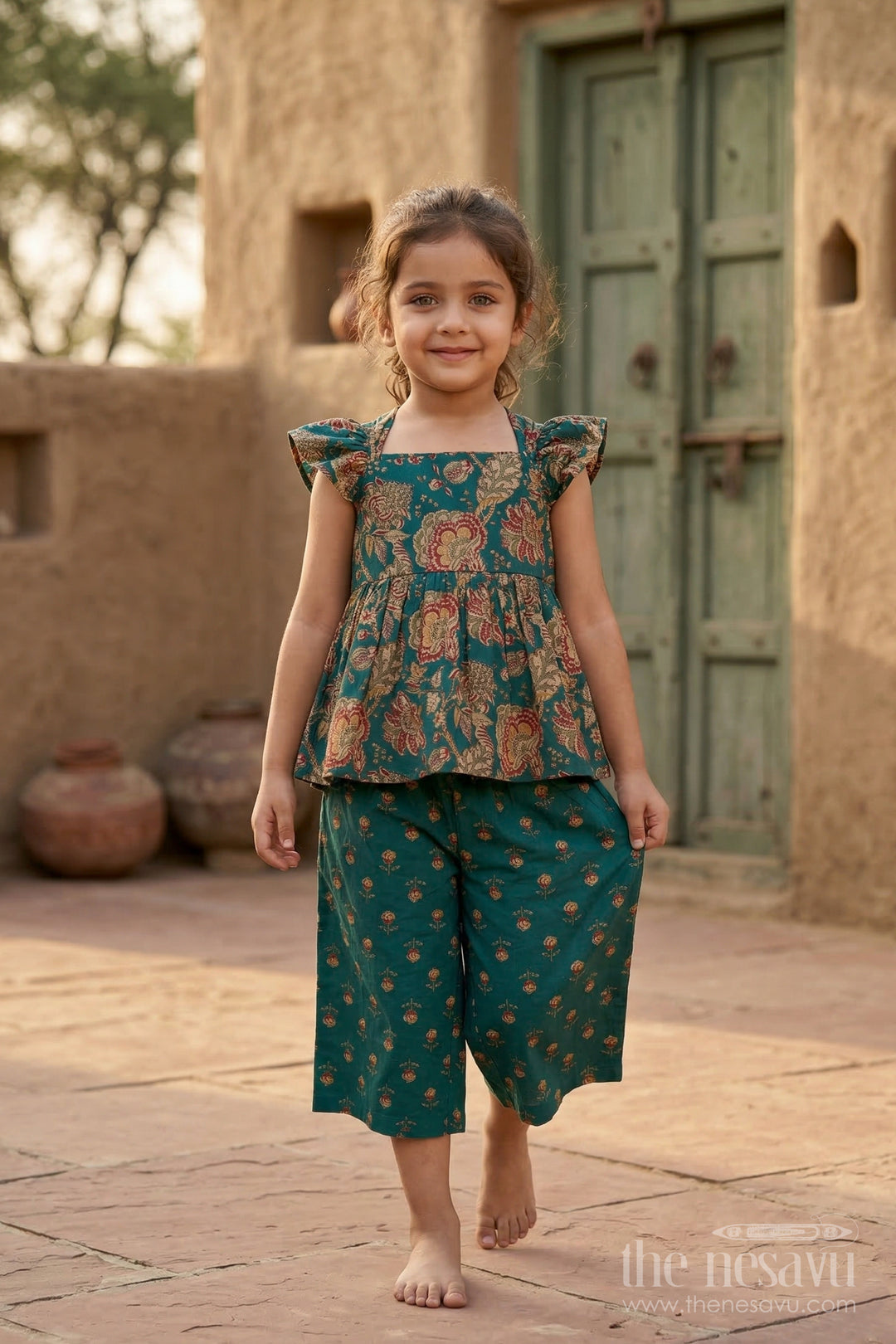 The Nesavu Girls Co-Ord Sets Girls Printed Cotton Co Ord Set for Travel and Playdates Nesavu 16 (1Y) / Green / Cotton GCS003A-16 Nesavu Girls Printed Cotton Co Ord Set With Digital Print For Travel Playdates And Casual Outings