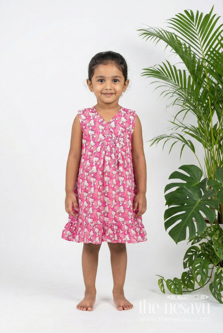 The Nesavu Girls Cotton Frock Girls Printed Cotton Frock with Hand Block Floral Design and Playful Ruffles in Cheerful Pink Nesavu 18 (2Y) / Pink GFC1794A-18 Nesavu Girls Cotton Frock Pink Hand Block Floral Print Lightweight Ruffle Details