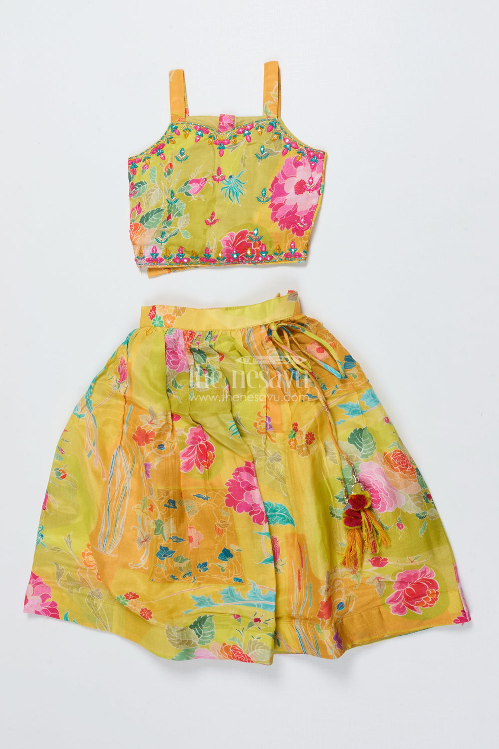 The Nesavu Girls Lehenga Choli Girls Printed Lehenga Choli for Festivals and Traditional School Days Nesavu 18 (2Y) / Green GL847A-18 Nesavu girls floral printed lehenga choli modal silk Navratri festive school events