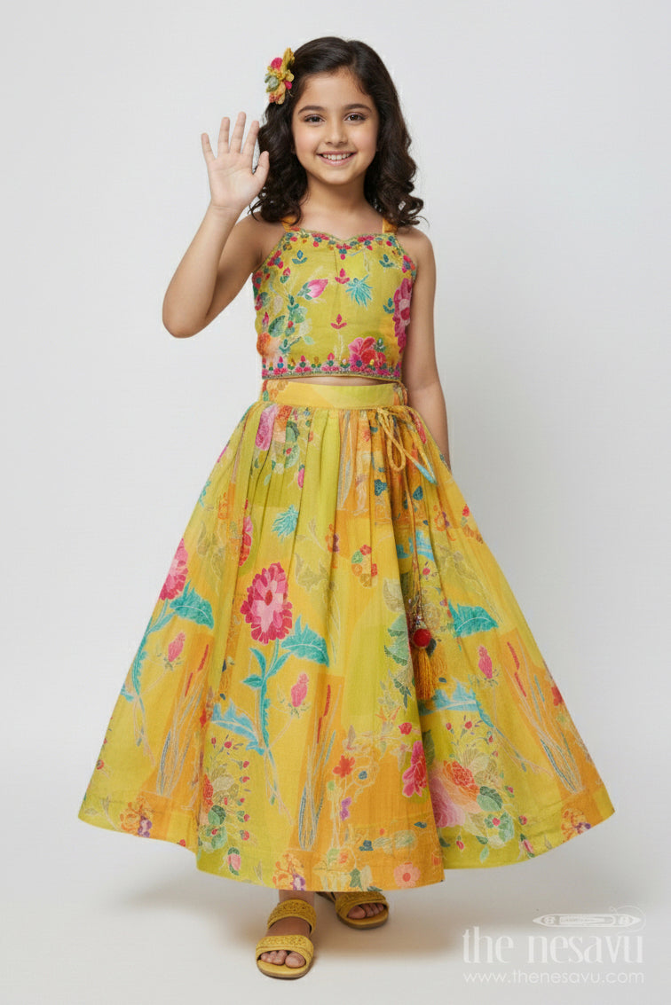 The Nesavu Girls Lehenga Choli Girls Printed Lehenga Choli for Festivals and Traditional School Days Nesavu 18 (2Y) / Green GL847A-18 Nesavu girls floral printed lehenga choli modal silk Navratri festive school events