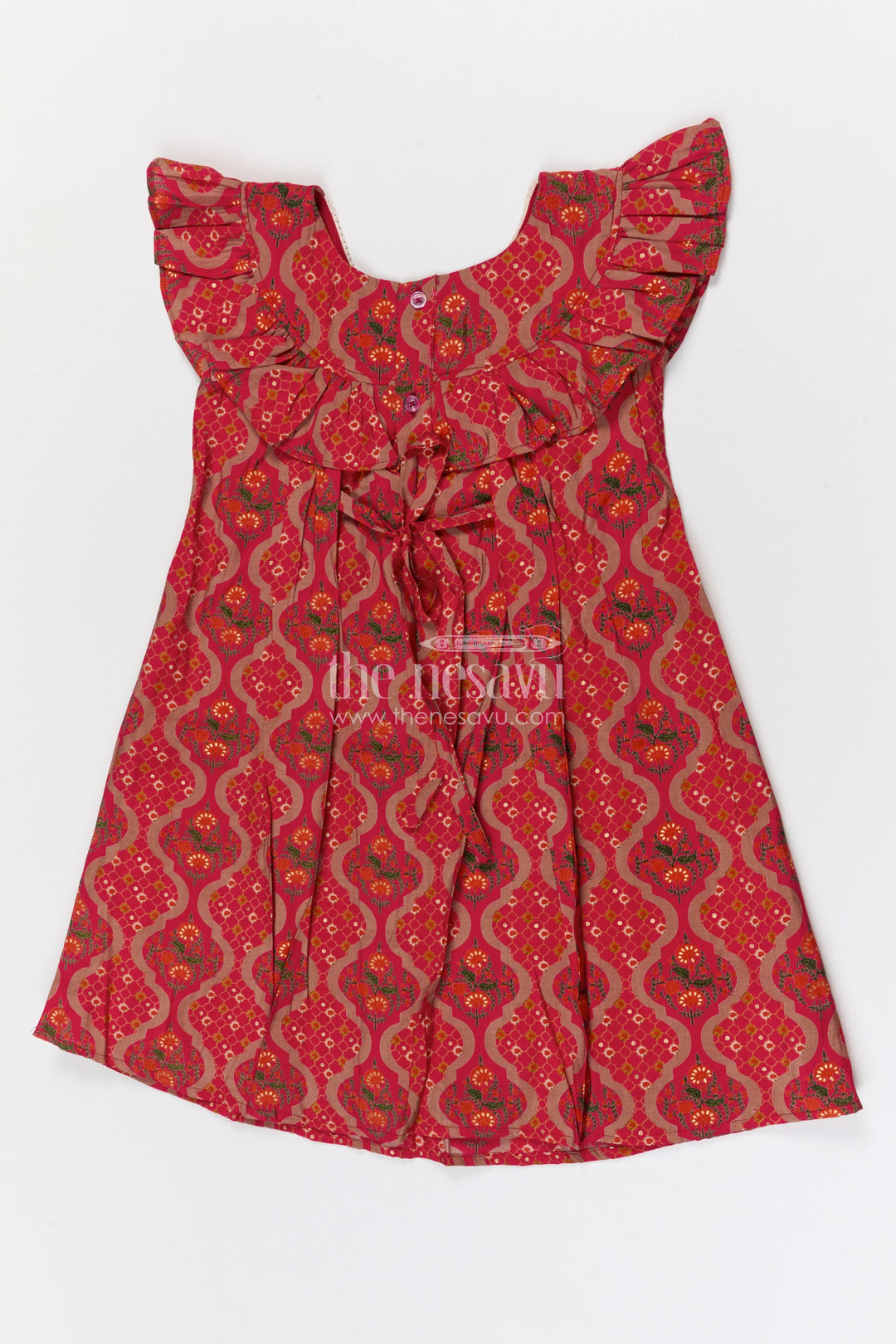 The Nesavu Girls Cotton Frock Girls Printed Party Dress for Birthdays and Celebrations Nesavu 22 (4Y) / Pink / Modal GFC2122B-22 Nesavu Girls Modal Silk Printed Party Dress With Ruffle Sleeves For Birthdays And Festive Events