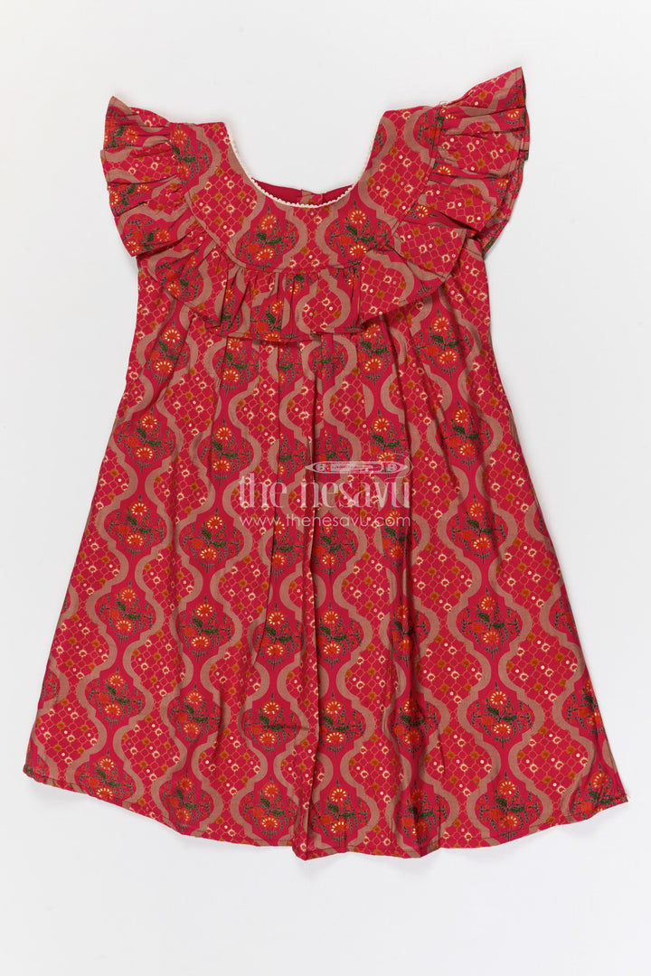 The Nesavu Girls Cotton Frock Girls Printed Party Dress for Birthdays and Celebrations Nesavu 22 (4Y) / Pink / Modal GFC2122B-22 Nesavu Girls Modal Silk Printed Party Dress With Ruffle Sleeves For Birthdays And Festive Events