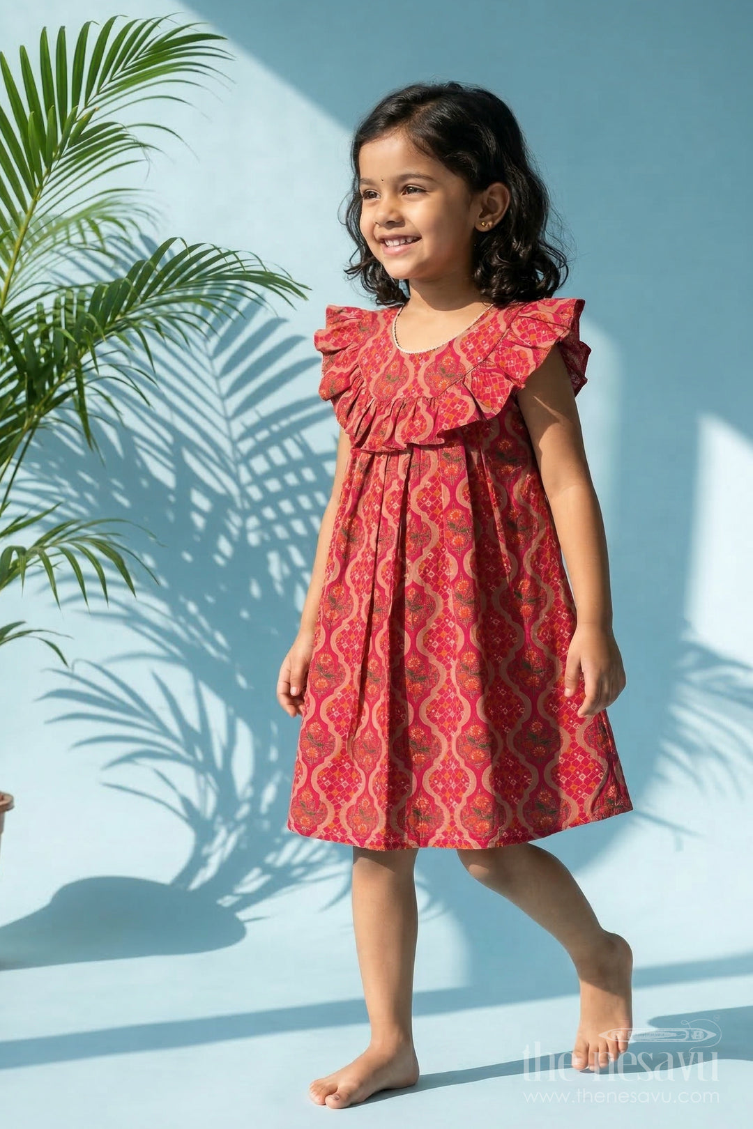 The Nesavu Girls Cotton Frock Girls Printed Party Dress for Birthdays and Celebrations Nesavu 22 (4Y) / Pink / Modal GFC2122B-22 Nesavu Girls Modal Silk Printed Party Dress With Ruffle Sleeves For Birthdays And Festive Events